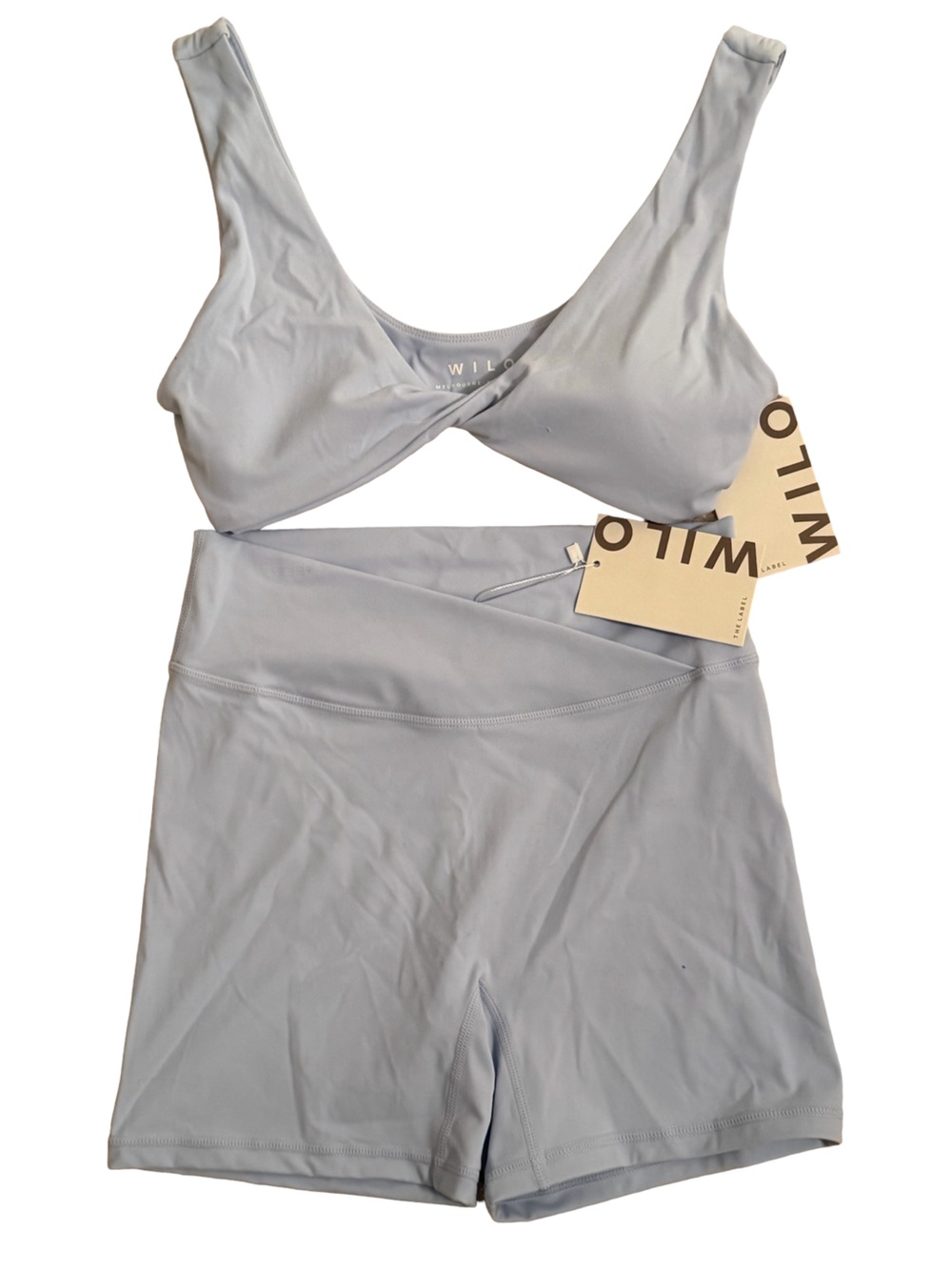 Wilo The Label Twist Sports Bra & V Waist Biker Short Set Powder Blue M NWT - Picture 2 of 8